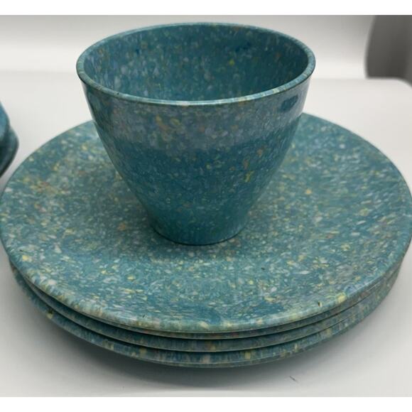 Set of 15 Melamine Melmac Turquoise Speckle Dinner Plates & Cups NORTHERN BOSTON - Picture 4 of 7
